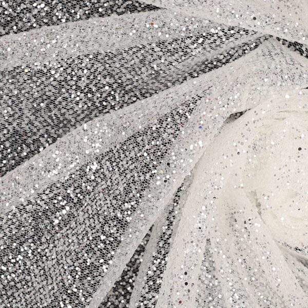 tessuto tulle seta cristal bianco glitter argento
