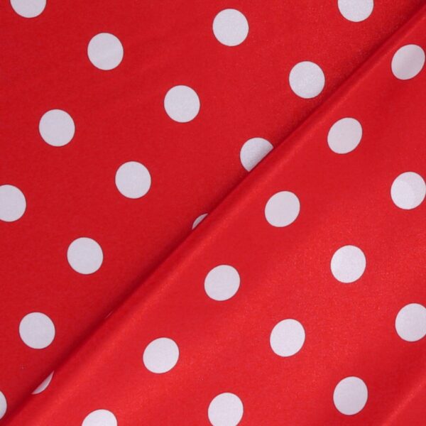 Tessuto Raso Stampato Fantasia - Pois Grande Bianco fondo Rosso