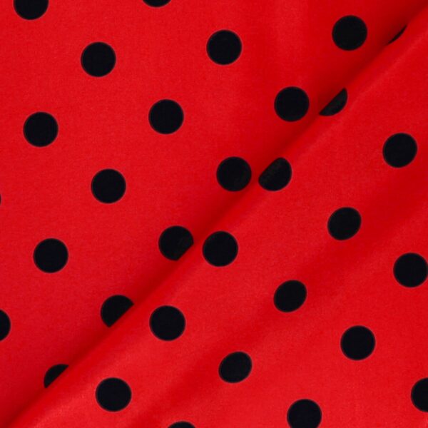 Tessuto Raso Stampato Fantasia - Pois Grande Nero fondo Rosso