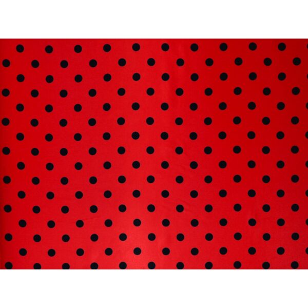 Tessuto Raso Stampato Fantasia - Pois Grande Nero fondo Rosso