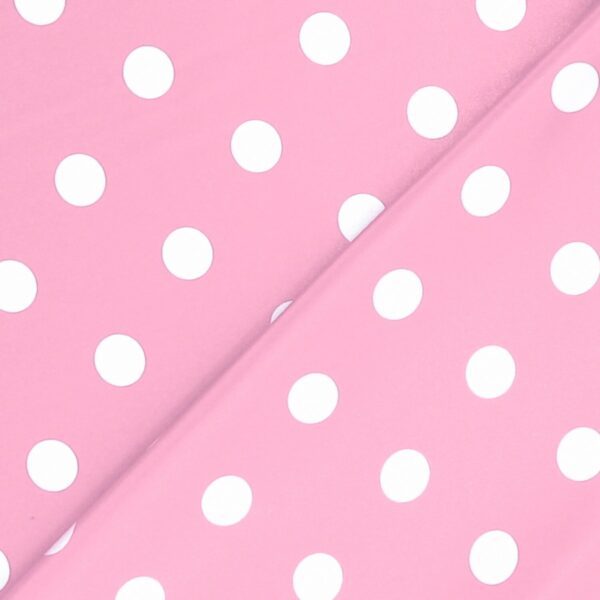 Tessuto Raso Stampato Fantasia - Pois Grande Bianco fondo Rosa