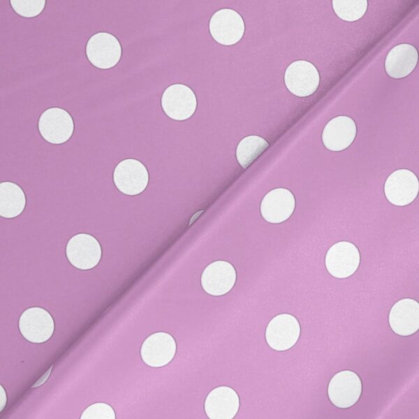Tessuto Raso Stampato Fantasia - Pois Grande Bianco fondo Lilla