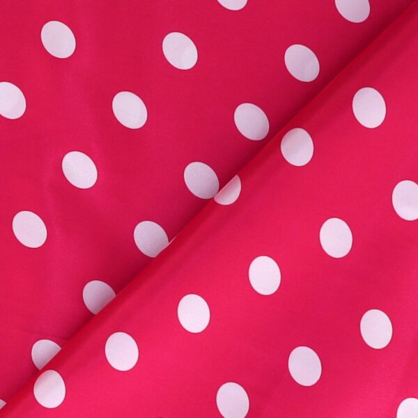 Tessuto Raso Stampato Fantasia - Pois Grande Bianco fondo Fucsia